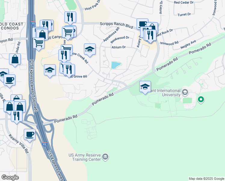 map of restaurants, bars, coffee shops, grocery stores, and more near 10333 Caminito Alvarez in San Diego
