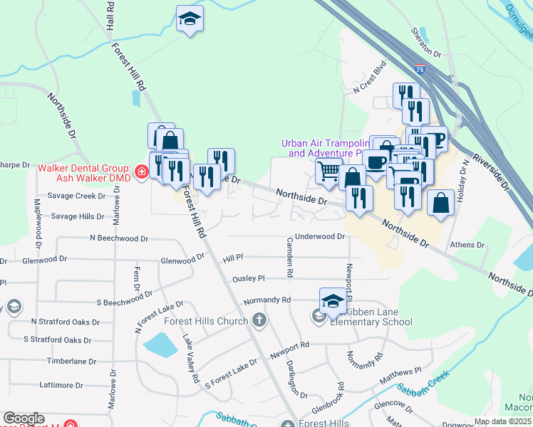map of restaurants, bars, coffee shops, grocery stores, and more near 3900 Northside Drive in Macon