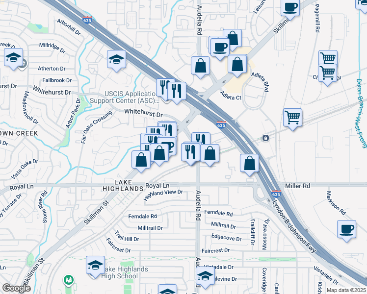 map of restaurants, bars, coffee shops, grocery stores, and more near 9090 Skillman Street in Dallas