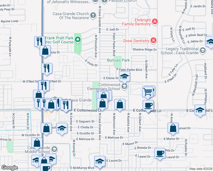 map of restaurants, bars, coffee shops, grocery stores, and more near 531 East Elaine Street in Casa Grande