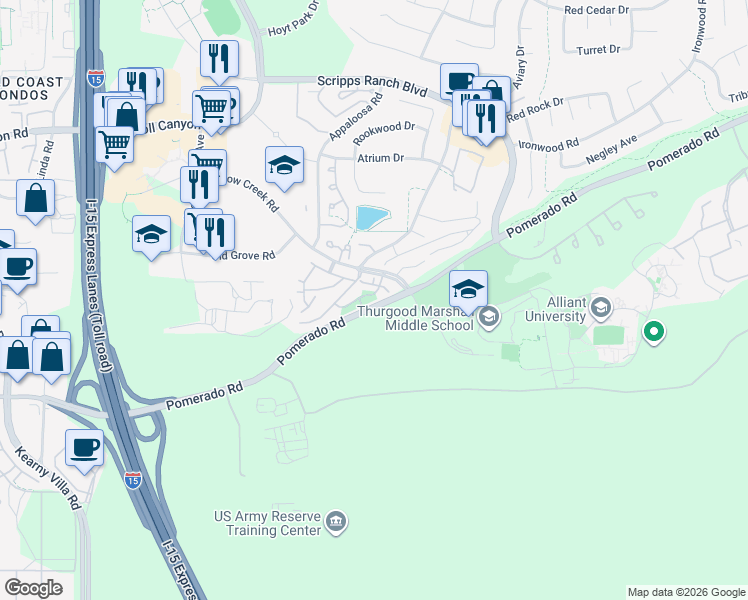 map of restaurants, bars, coffee shops, grocery stores, and more near 42 Caminito Marlock in San Diego