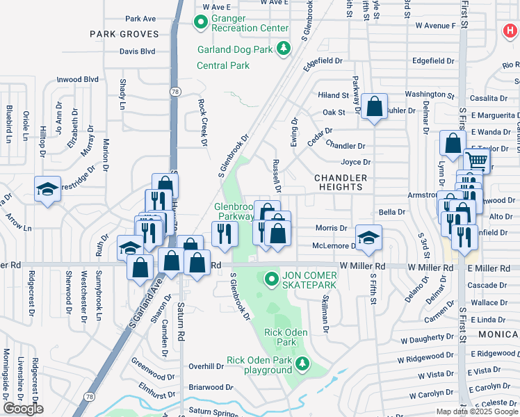 map of restaurants, bars, coffee shops, grocery stores, and more near 1802 Edgefield Drive in Garland