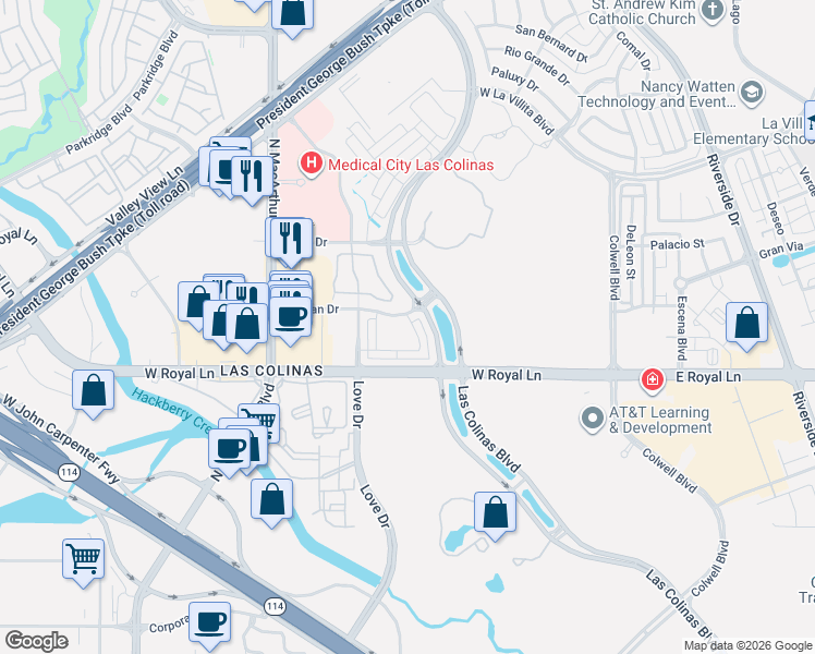 map of restaurants, bars, coffee shops, grocery stores, and more near 542 Via Amalfi in Irving