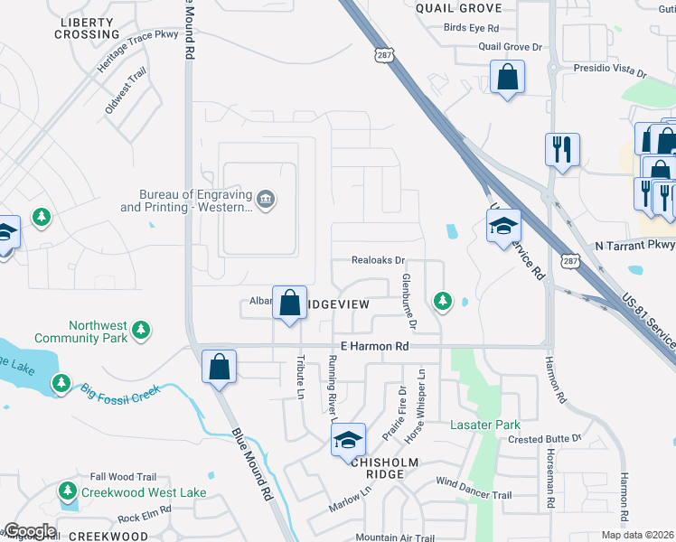map of restaurants, bars, coffee shops, grocery stores, and more near 8809 Devonshire Drive in Fort Worth