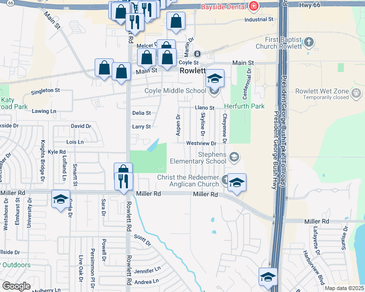 map of restaurants, bars, coffee shops, grocery stores, and more near 3906 Westview Drive in Rowlett