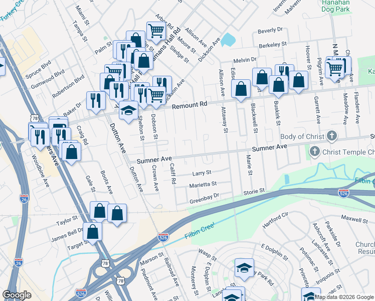 map of restaurants, bars, coffee shops, grocery stores, and more near 1634 Sumner Avenue in Charleston