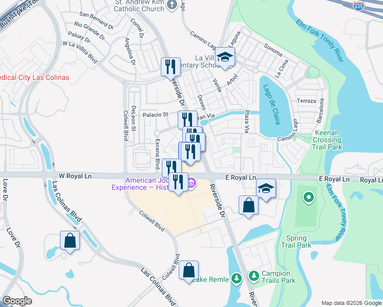 map of restaurants, bars, coffee shops, grocery stores, and more near 6521 Riverside Drive in Irving