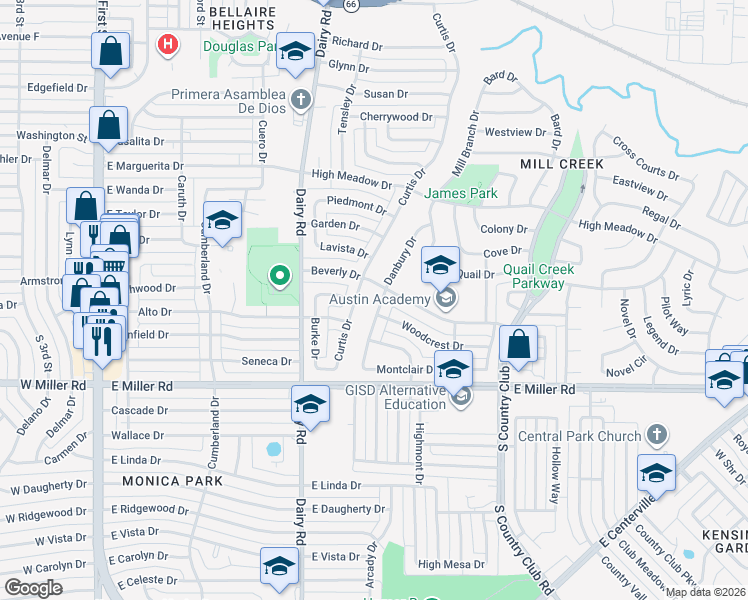 map of restaurants, bars, coffee shops, grocery stores, and more near 1602 Curtis Drive in Garland