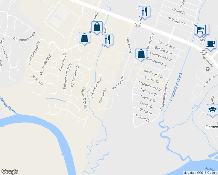map of restaurants, bars, coffee shops, grocery stores, and more near 7955 Vermont Road in Charleston