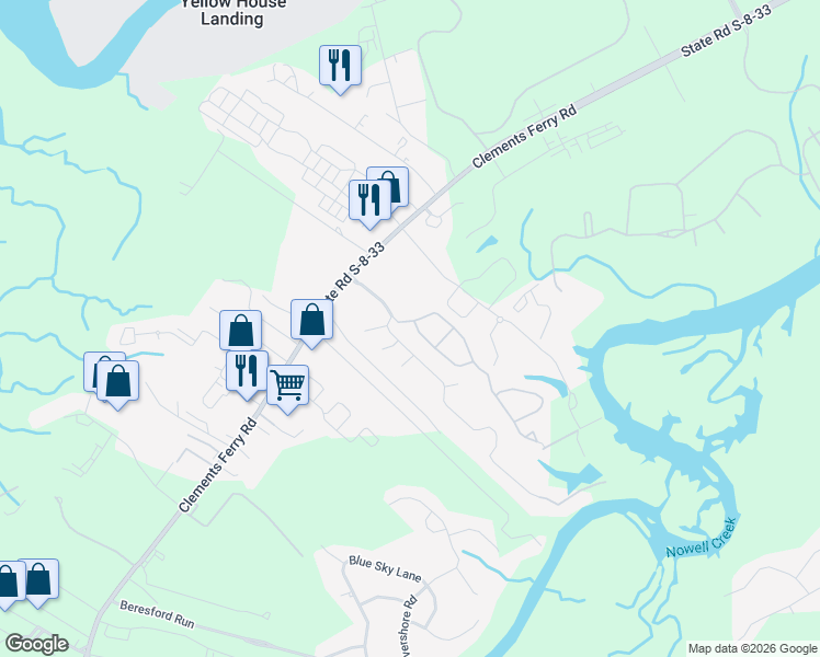 map of restaurants, bars, coffee shops, grocery stores, and more near 503 Tayrn Drive in Charleston