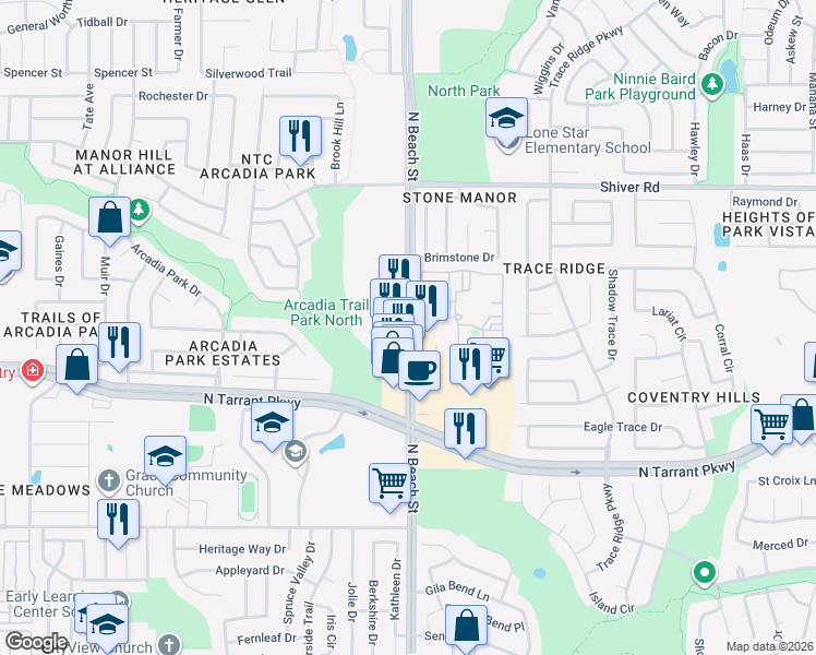 map of restaurants, bars, coffee shops, grocery stores, and more near 8667 North Beach Street in Fort Worth