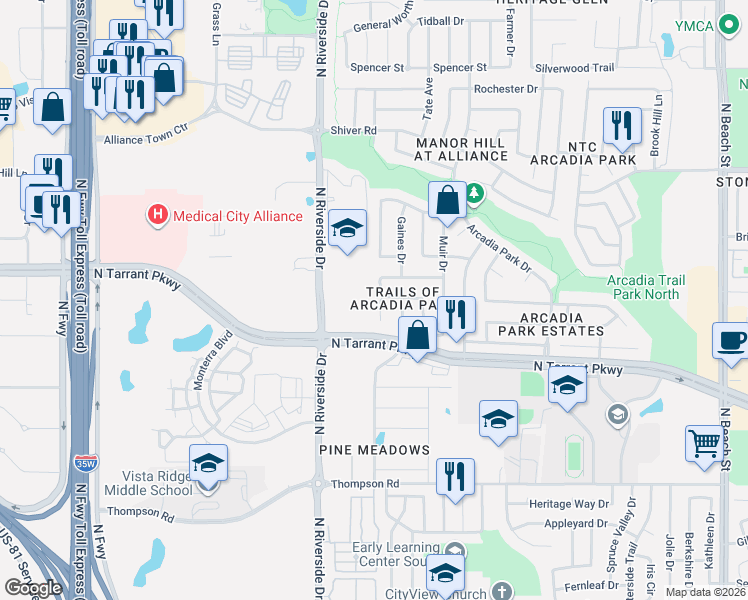 map of restaurants, bars, coffee shops, grocery stores, and more near 8629 Meredith Lane in Fort Worth