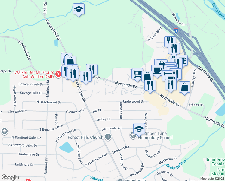 map of restaurants, bars, coffee shops, grocery stores, and more near 3902 Northside Drive in Macon