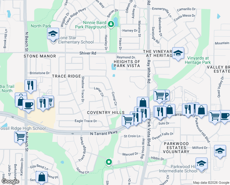 map of restaurants, bars, coffee shops, grocery stores, and more near 8636 Scenic Green Circle in Keller