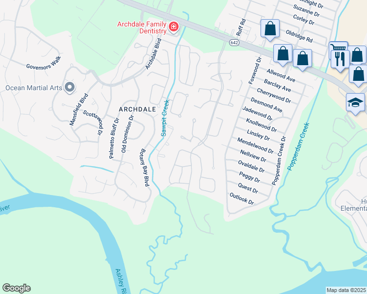 map of restaurants, bars, coffee shops, grocery stores, and more near 7963 Vermont Road in North Charleston