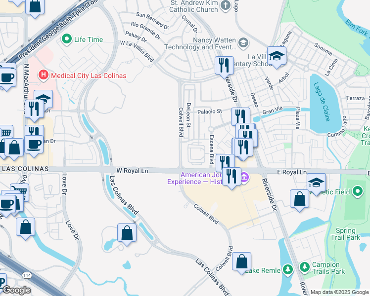 map of restaurants, bars, coffee shops, grocery stores, and more near 6511 Escena Boulevard in Irving