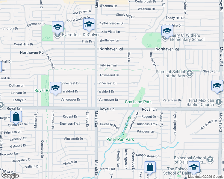 map of restaurants, bars, coffee shops, grocery stores, and more near 3756 Vinecrest Drive in Dallas