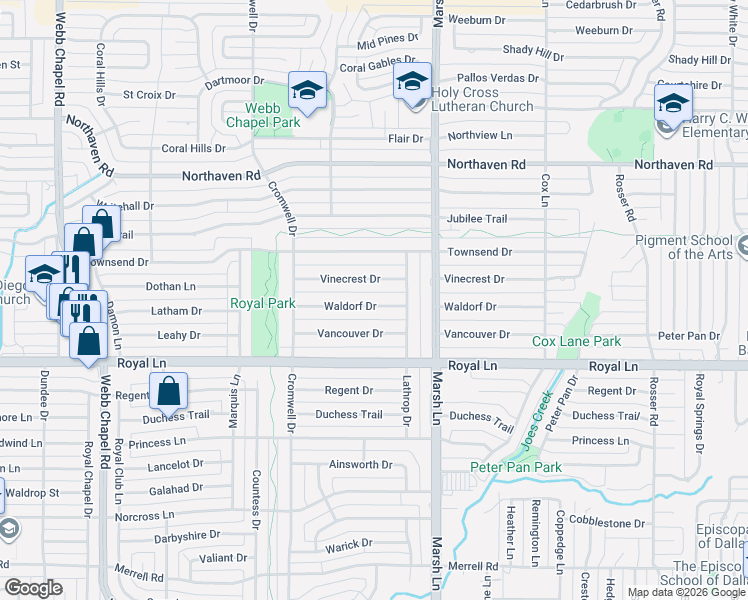map of restaurants, bars, coffee shops, grocery stores, and more near 3564 Vinecrest Drive in Dallas