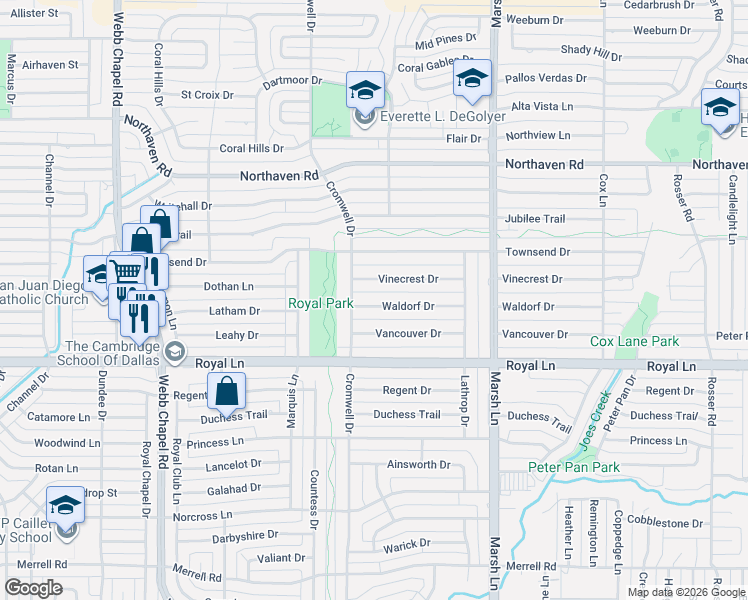map of restaurants, bars, coffee shops, grocery stores, and more near 3528 Vinecrest Drive in Dallas