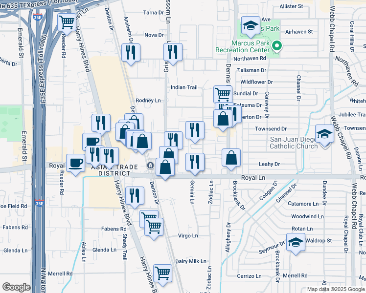 map of restaurants, bars, coffee shops, grocery stores, and more near 11005 Indian Trail in Dallas
