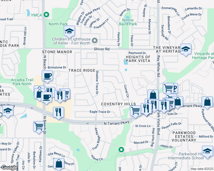 map of restaurants, bars, coffee shops, grocery stores, and more near 8728 Lariat Circle in Fort Worth
