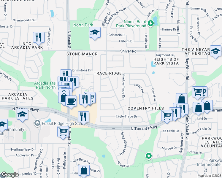 map of restaurants, bars, coffee shops, grocery stores, and more near 8721 Trace Ridge Parkway in Fort Worth