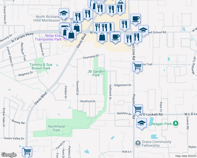 map of restaurants, bars, coffee shops, grocery stores, and more near 9000 Thornway Drive in North Richland Hills