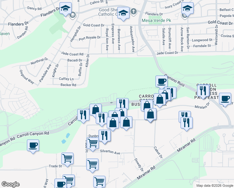 map of restaurants, bars, coffee shops, grocery stores, and more near 14789 sierra way in San Diego