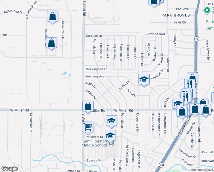 map of restaurants, bars, coffee shops, grocery stores, and more near 1708 Morningside Drive in Garland