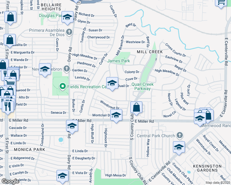 map of restaurants, bars, coffee shops, grocery stores, and more near 1125 Beverly Drive in Garland