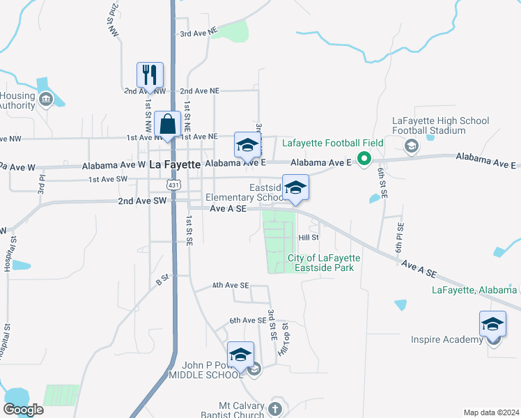 map of restaurants, bars, coffee shops, grocery stores, and more near 300 Avenue A Southeast in La Fayette