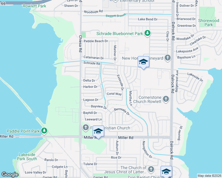 map of restaurants, bars, coffee shops, grocery stores, and more near 7613 Tidewater Drive in Rowlett