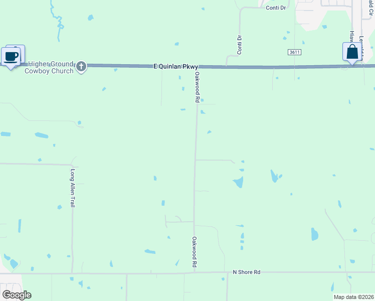 map of restaurants, bars, coffee shops, grocery stores, and more near 8816 County Road 3609 in Quinlan