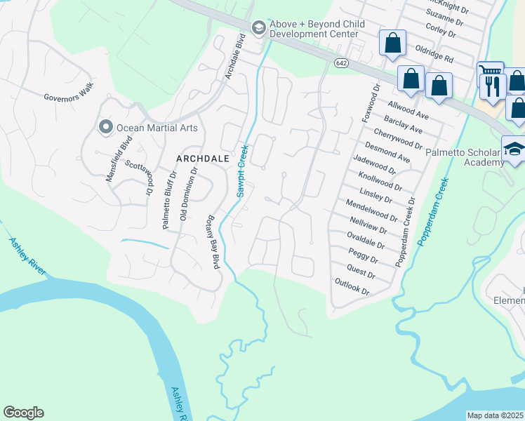 map of restaurants, bars, coffee shops, grocery stores, and more near 7964 Indica Court in North Charleston
