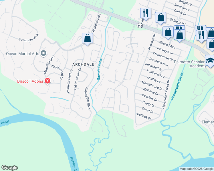 map of restaurants, bars, coffee shops, grocery stores, and more near 7964 Indica Court in North Charleston
