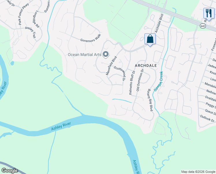 map of restaurants, bars, coffee shops, grocery stores, and more near 8101 Penshire Court in Charleston