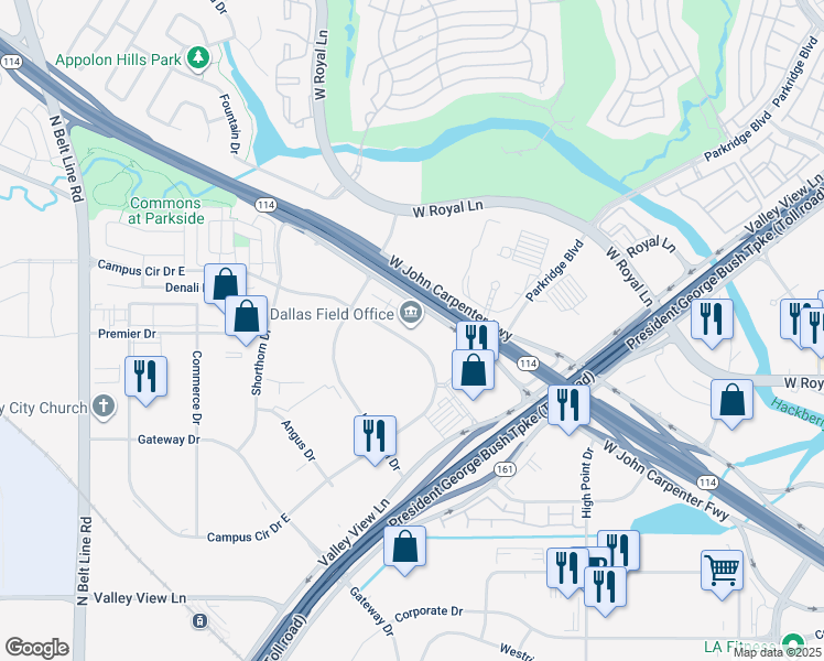 map of restaurants, bars, coffee shops, grocery stores, and more near 2001 West John W Carpenter Freeway in Irving