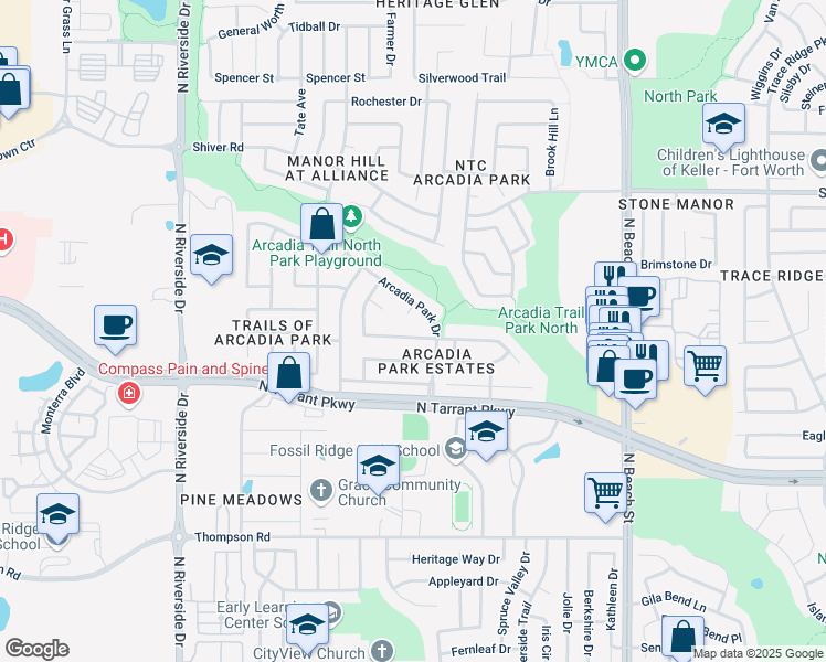 map of restaurants, bars, coffee shops, grocery stores, and more near 4157 Jenny Lake Trail in Fort Worth