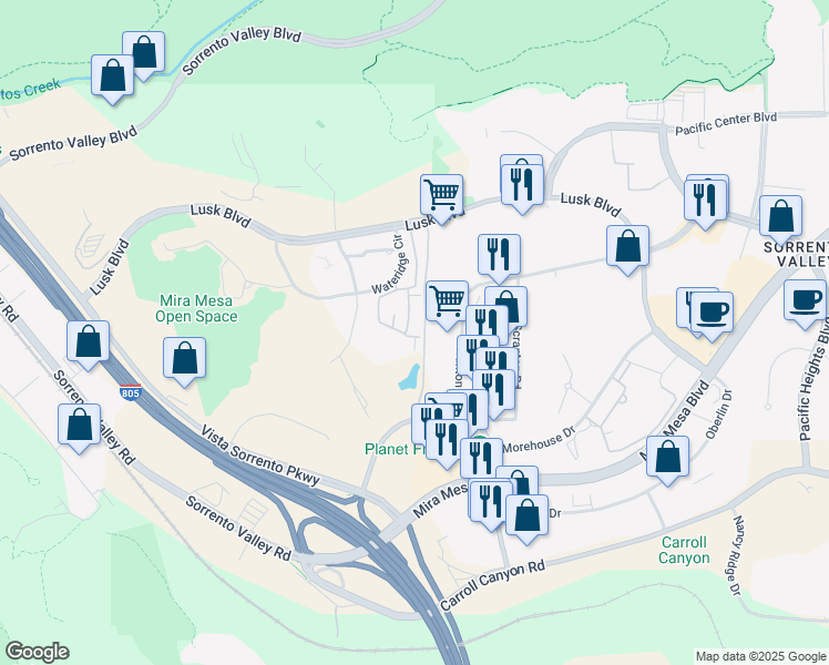 map of restaurants, bars, coffee shops, grocery stores, and more near 10278 Wateridge Circle in San Diego