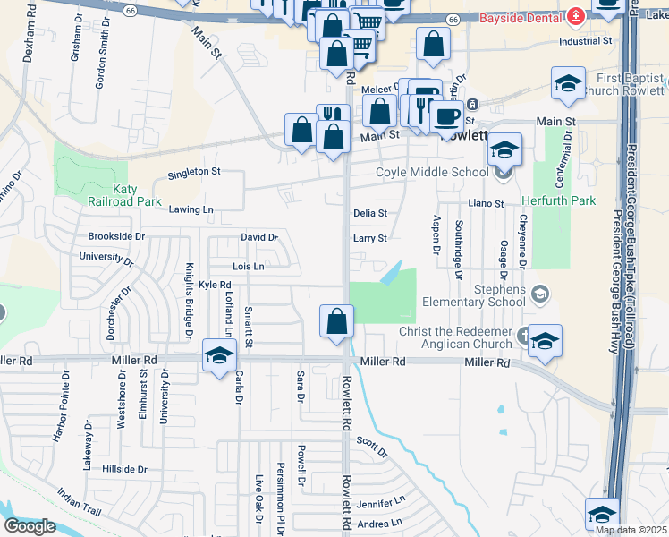 map of restaurants, bars, coffee shops, grocery stores, and more near 4001 Rowlett Road in Rowlett