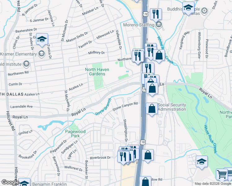 map of restaurants, bars, coffee shops, grocery stores, and more near 7712 Royal Lane in Dallas