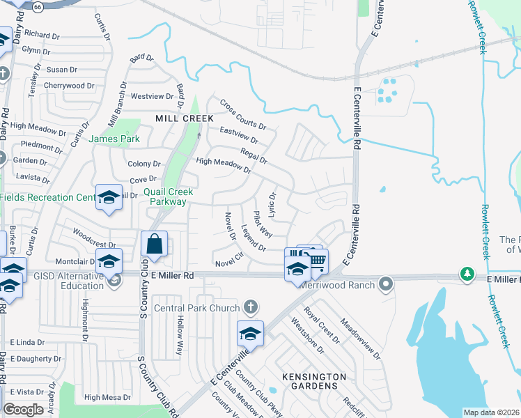 map of restaurants, bars, coffee shops, grocery stores, and more near 1610 Pilot Way in Garland