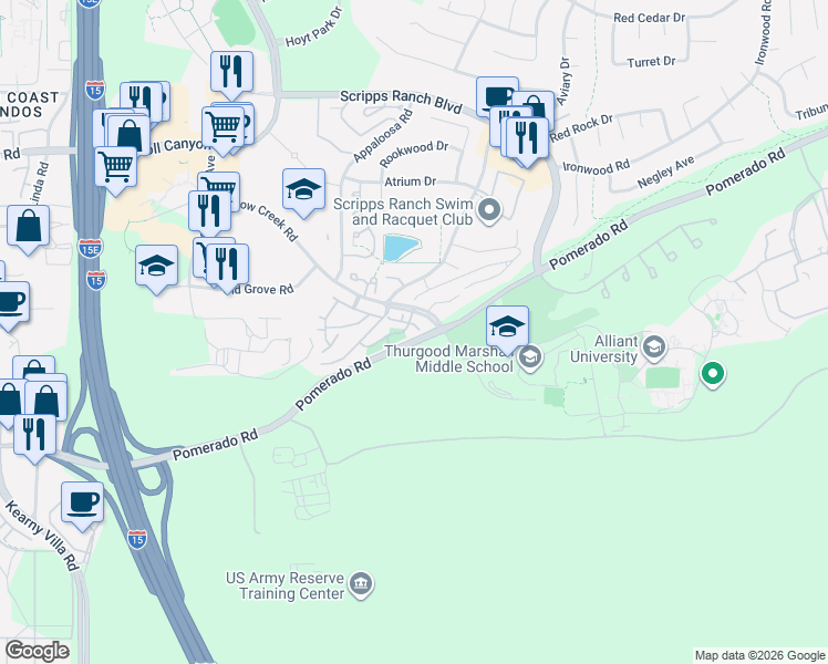 map of restaurants, bars, coffee shops, grocery stores, and more near 10343 Caminito Aralia in San Diego