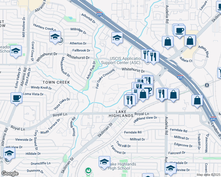 map of restaurants, bars, coffee shops, grocery stores, and more near 8600 Coppertowne Lane in Dallas