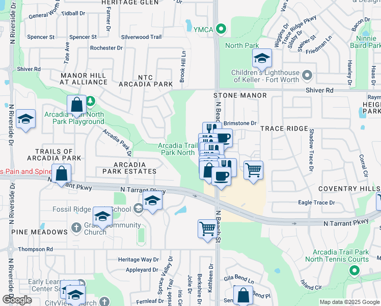 map of restaurants, bars, coffee shops, grocery stores, and more near 8669 North Beach Street in Fort Worth