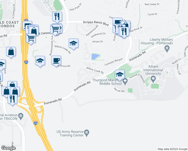 map of restaurants, bars, coffee shops, grocery stores, and more near 110 Caminito Aralia in San Diego