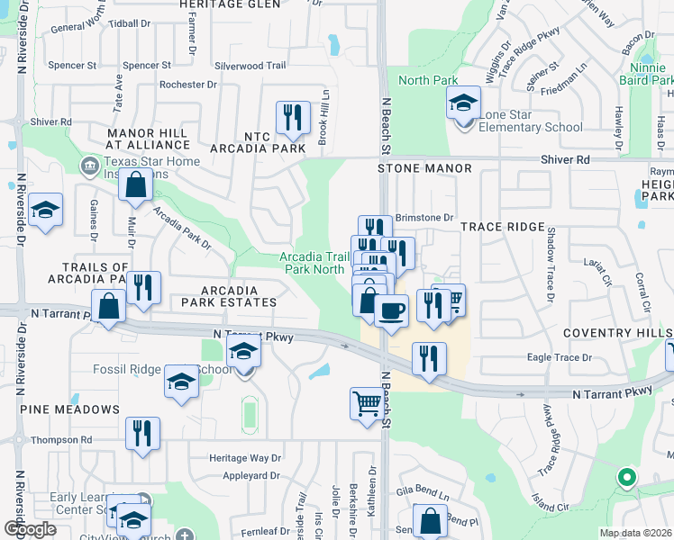 map of restaurants, bars, coffee shops, grocery stores, and more near 8669 North Beach Street in Fort Worth