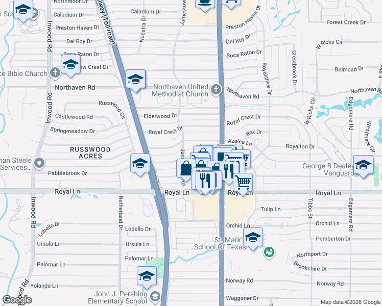 map of restaurants, bars, coffee shops, grocery stores, and more near 5908 Azalea Lane in Dallas