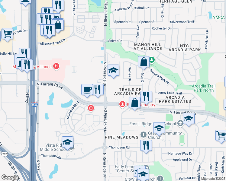 map of restaurants, bars, coffee shops, grocery stores, and more near 8600 North Riverside Drive in Fort Worth