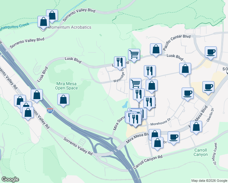 map of restaurants, bars, coffee shops, grocery stores, and more near 10420 Wateridge Circle in San Diego